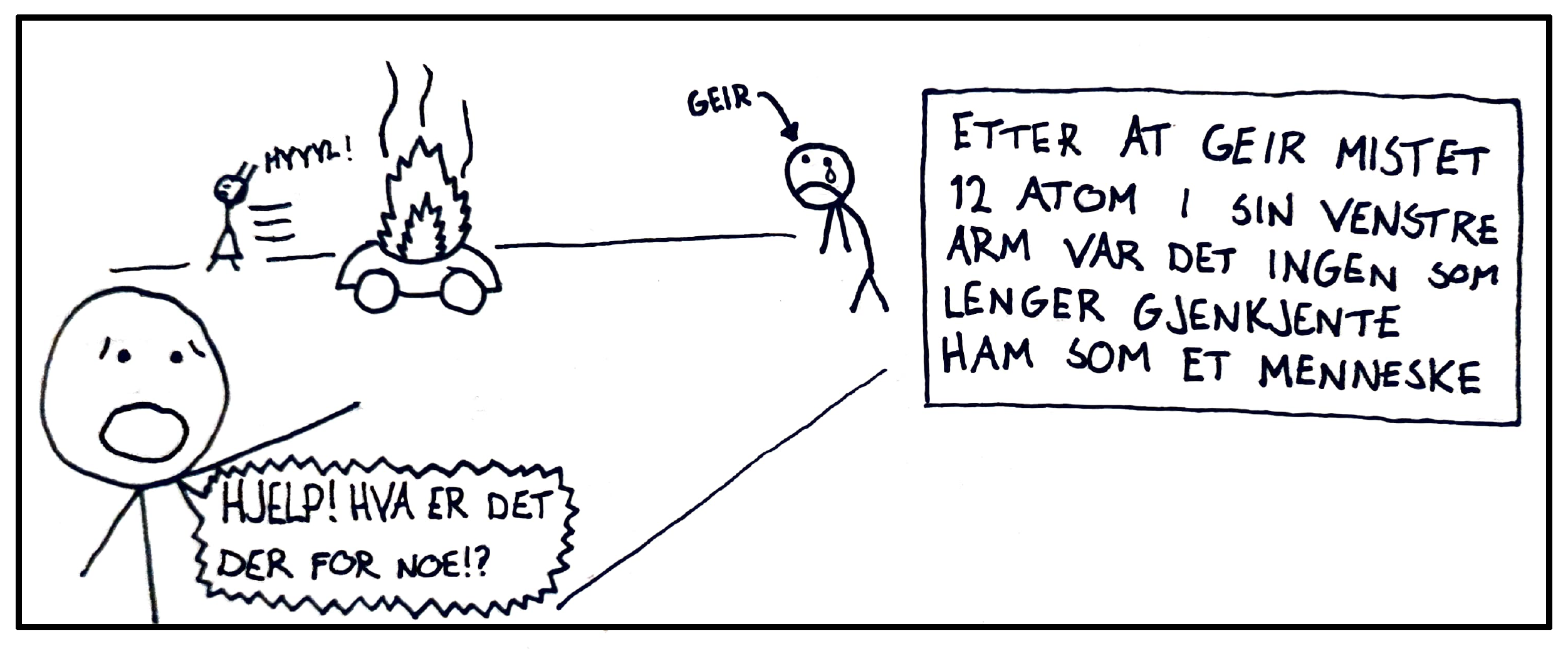 Illustrasjon av kaoset som fulgte etter at 'Geir' mistet et atom, og ingen deretter klarte å kjenne ham igjen som menneske.